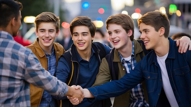 Fröhliche junge männliche Freunde treffen sich und begrüßen sich mit einem Handschlag