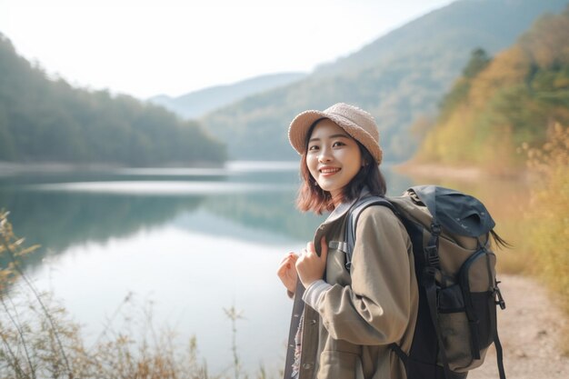 Fröhliche junge Reisende asiatische Dame mit Rucksack wandert am Bergsee koreanisches Teenager-Mädchen genießt ihr Urlaub Abenteuer fühlt sich glücklich Freiheit Lebensstil Reisen und Entspannung in Freizeit Konzept