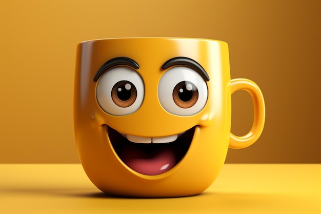Fröhliche Kaffeetasse mit lächelndem Charakter auf gelbem Hintergrund