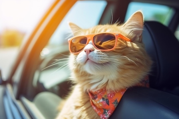Fröhliche Katze mit Sonnenbrille im Auto auf dem Weg zum Entspannen im Seaside Generative Ai