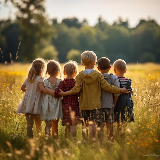 Foto fröhliche kinder, die draußen spielen und gemeinsam spaß haben. generative ki