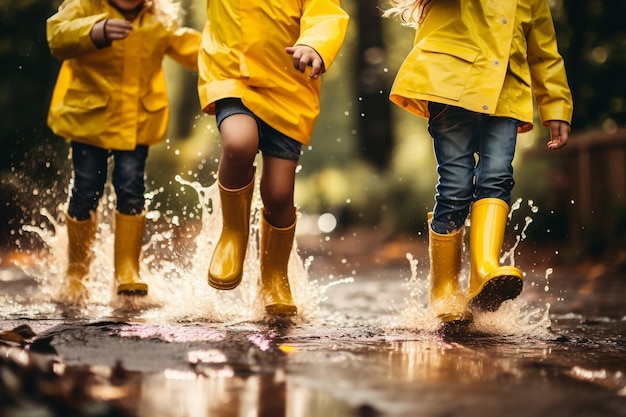 Fröhliche Kinder in gelben Regenstiefeln springen im Freien Generative KI