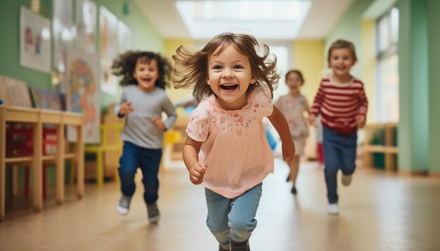 Foto fröhliche kinder spielen beim fotografieren im kindergarten. farbenfroher und minimalistischer kindergartenhintergrund