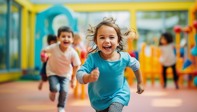 Fröhliche Kinder spielen beim Fotografieren im Kindergarten. Farbenfroher und minimalistischer Kindergartenhintergrund