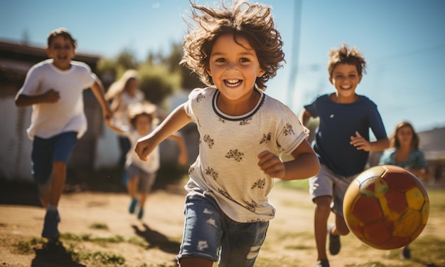 Fröhliche Kinder spielen im Dorf Fußball