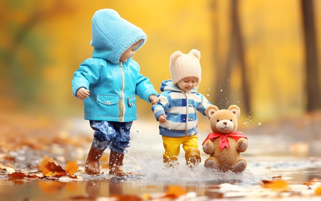 Fröhliche kleine Kinder springen mit Gummi in Pfützen