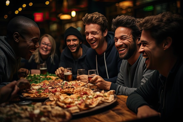 Fröhliche Kollegen feiern nach Feierabend mit Pizza, generative IA
