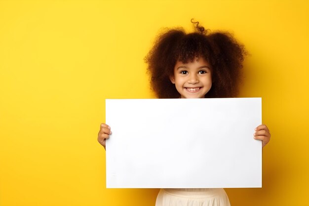 Fröhliche, lächelnde Kinder halten eine leere große Tafel für Ihren Text, isoliert über gelbem Hintergrund, Konzept-AI