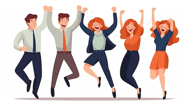Fröhliche lächelnde Menschen springen bei der Arbeit und gewinnen eine Party. Flache Vektorillustration, tägliche Aktivitäten, die von der KI generiert werden