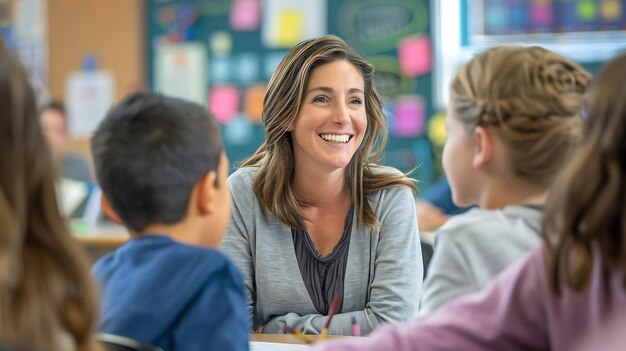 Fröhliche Lehrerin spricht mit Grundschülern im Klassenzimmer