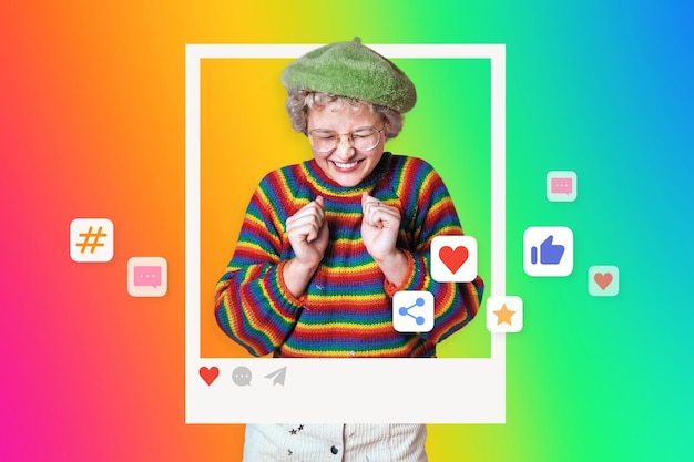 Fröhliche LGBTI-Frau in einem bunten Pullover