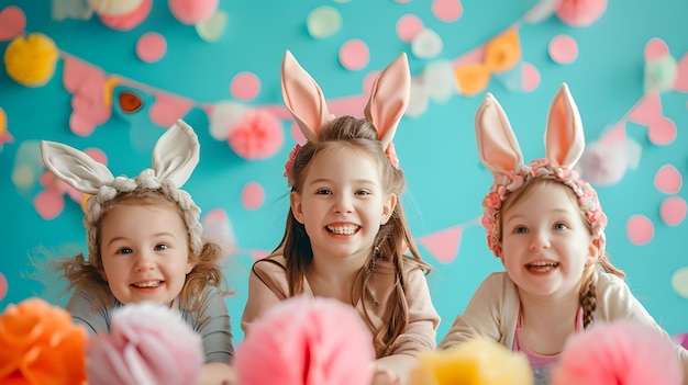 Fröhliche Mädchen in Hasenohren feiern Ostern