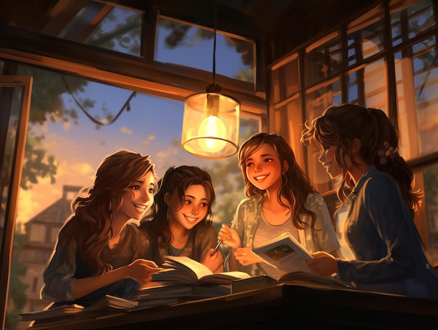 Fröhliche Mädchen unterhalten sich und diskutieren über Bücher