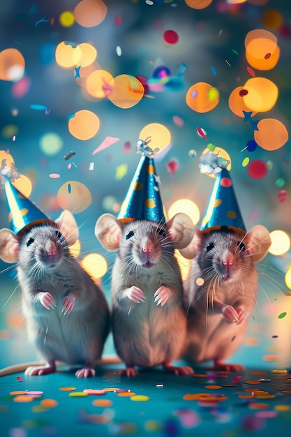 Fröhliche Mäuse in winzigen Partyhüten genießen eine festliche Neujahrs- oder Geburtstagsfeier mit hellen Bokeh-Lichtern und skurrilen Papierkonfetti, die die Feier verbessern