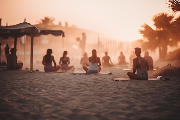 Fröhliche Menschen meditieren abends an einem gemütlichen Strand und konzentrieren sich selektiv auf positive Stimmung. Generative KI
