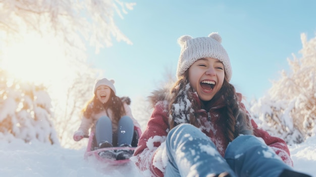 Fröhliche Menschen schlittern einen schneebedeckten Berg hinunter.