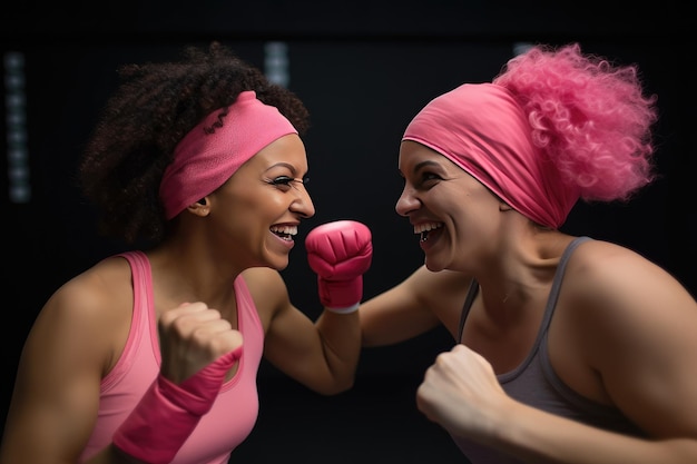 Fröhliche multikulturelle Frauen mit rosa Stirnbändern, die gegen den Krebs kämpfen. Glückliche Krebsüberlebende. Generative KI