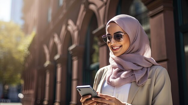 Fröhliche muslimische Frau im Hijab benutzt ein Smartphone