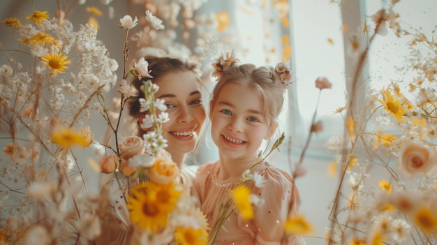 Fröhliche Mutter und Tochter umgeben von Blumen