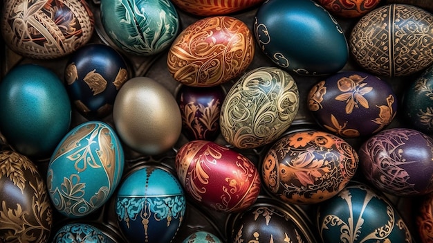 Fröhliche Ostern Luxushintergrund mit bunten Eiern Generative AI