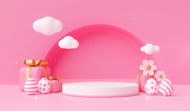 Fröhliche Ostern rosafarbener Produktständer oder Podium mit Geschenkbox und süßem Osterei und Blume auf pastellrosa Hintergrund 3D-Rendering