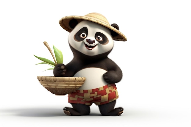 Fröhliche Panda-Cartoon-Figur mit 3D-Effekten und Bambushut auf transparenter Hintergrund-KI