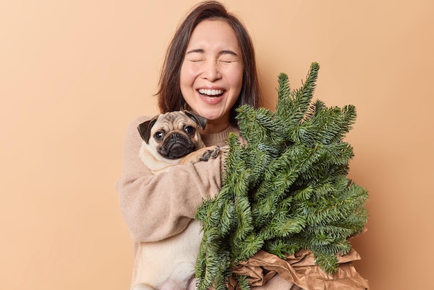 Fröhliche positive asiatische Frau lacht freudig umarmt Hund trägt grüne Fichtenzweige für die Herstellung von Dekorationen trägt einen weichen Pullover, der über braunem Hintergrund isoliert ist Tiermenschen-Urlaubskonzept