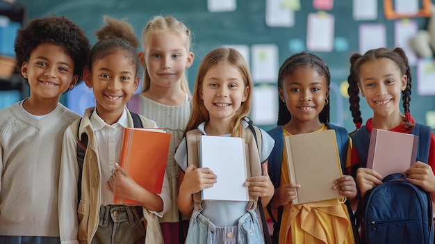 Fröhliche Schulkinder mit Notizbüchern und Rucksäcken Zurück in die Schule