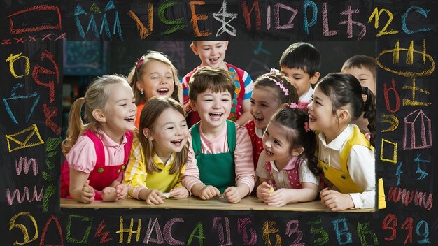 Foto fröhliche schulkinder mit tafel-hintergrund