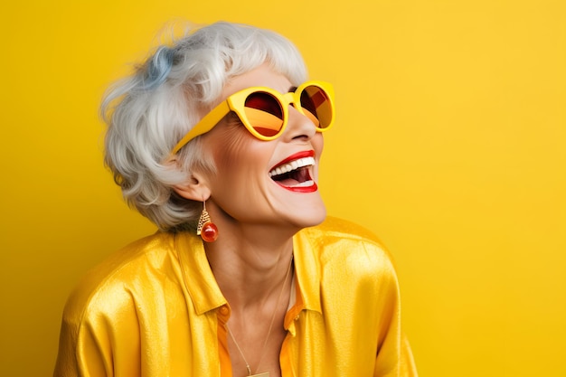 Fröhliche Seniorin im farbenfrohen gelben Outfit, coole Sonnenbrille, lacht und hat Spaß an der Mode