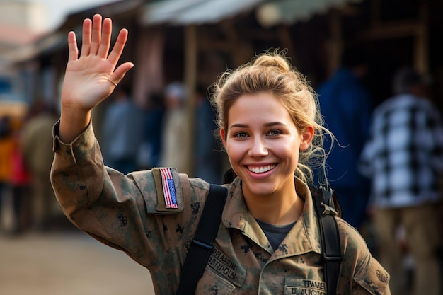 Fröhliche Soldatin winkt mit der Hand im Heimkehr-Generative-KI