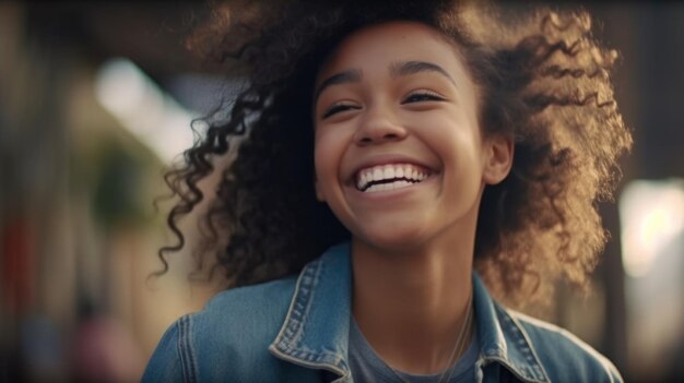 Fröhliche, stilvolle Millennial-Frau mit gemischter Abstammung in Jeansjacke und zahnmedizinischem Lächeln