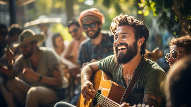 Fröhliche Straßenmusiker treten an sonnigen Sommertagen im Stadtpark auf