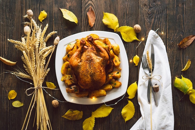 Fröhliche Thanksgiving-Herbstkomposition mit Blättern, reifem Kürbis und Thanksgiving-Truthahn auf einem dunklen Holztisch Draufsicht