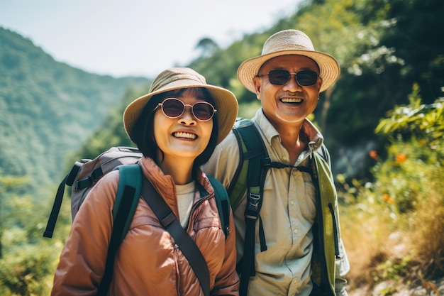 fröhliche Touristen Rentner asiatischen Aussehens im Urlaub auf einer Wanderung mit Rucksäcken