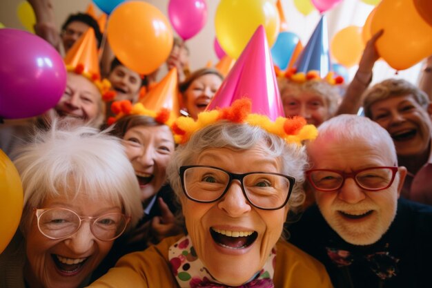 Foto fröhliche und glückliche senioren machen auf einer party ein selfie