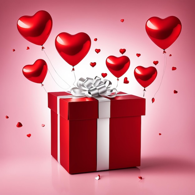 Fröhliche Valentinstag-Dekoration mit geöffneter Geschenkbox und herzförmigem Ballon auf rosa Hintergrund