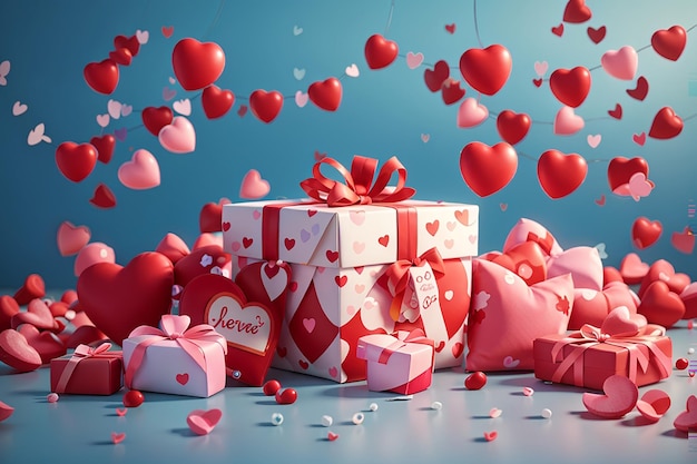 Fröhliche Valentinstag-Süßherzen und Geschenkbox oder Hintergrund für das Liebes-Valentinstag-Konzept