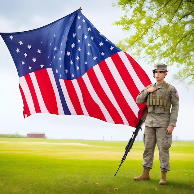 Fröhliche Veteranentagsfeier mit Soldat und USA-Flagge. Erstaunliche Foto-KI-Generierung
