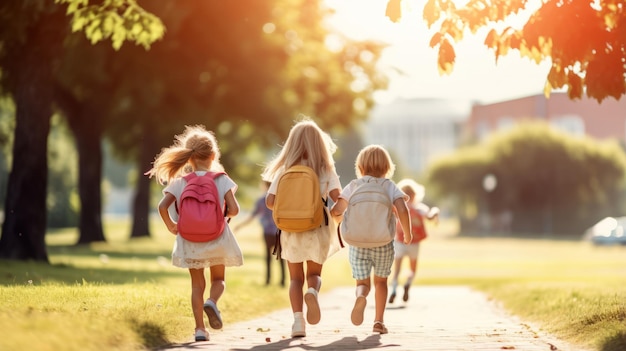 Fröhliche, vielfältige Schulkinder, die in der Schule im Freien laufen