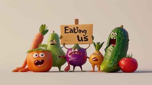 Fröhliche Zeichentrickfiguren mit Gemüse und Früchten mit dem Schild  ⁇ Eating Us ⁇  Eine schrille Darstellung, die das Konzept der richtigen Ernährung und eines gesunden Lebensstils fördert