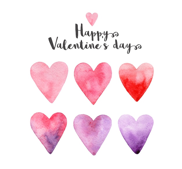 Fröhlichen Valentinstag! Satz handgezeichnete Aquarellrosa-, Rot-, Purpur-, Violettherzen.