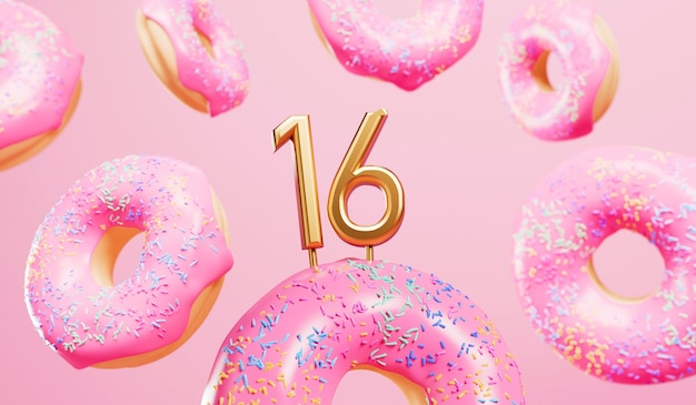 Fröhlicher 16. Geburtstagsfeierhintergrund mit rosa gefrosteten Donuts 3D-Rendering