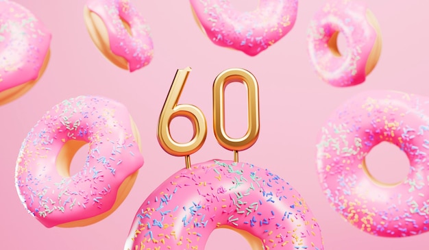 Fröhlicher 60. geburtstagsfeierhintergrund mit rosa gefrosteten donuts 3d-rendering