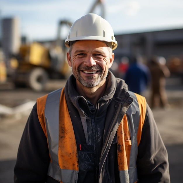 Fröhlicher älterer Arbeiter auf der Baustelle