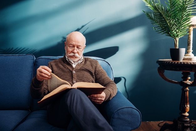 Fröhlicher älterer Mann mit Brille, der ein Buch auf der Couch im Home Office liest