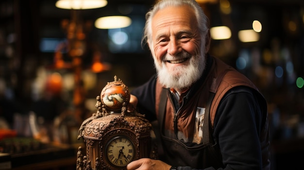 Fröhlicher älterer Uhrmacher und Reparaturmann, der eine antike Uhr in einer Werkstatt hält