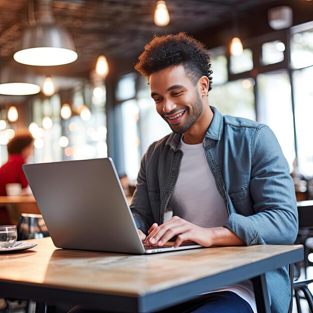 Fröhlicher afroamerikanischer Mann benutzt Laptop, während er im Café sitzt