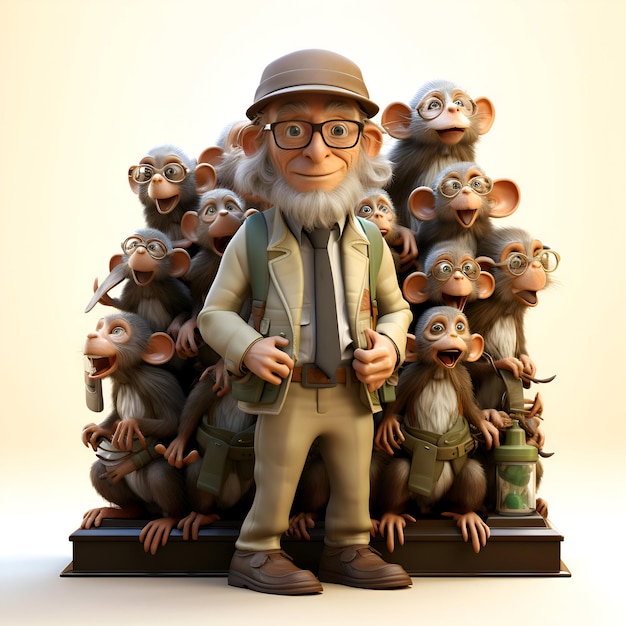 Fröhlicher alter Mann mit einer Gruppe von Affen 3D-Illustration
