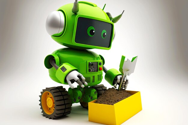 Fröhlicher Android-Roboter hilft beim Bau mit generativer KI in gelbgrünen Farben